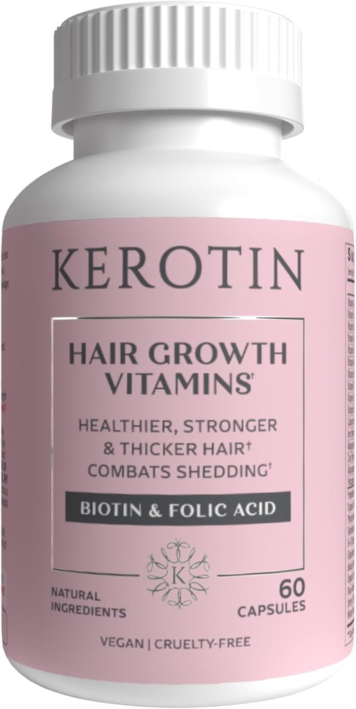 Kerotin Hair Growth Vitamins, Biotin Supplement, DHT Blocker, Collagen Stimulator, for Hair Loss Support, Nail & Skin Care, Includes Saw Palmetto, Vitamin D3 & More - 60 Pills (1 Month Supply)