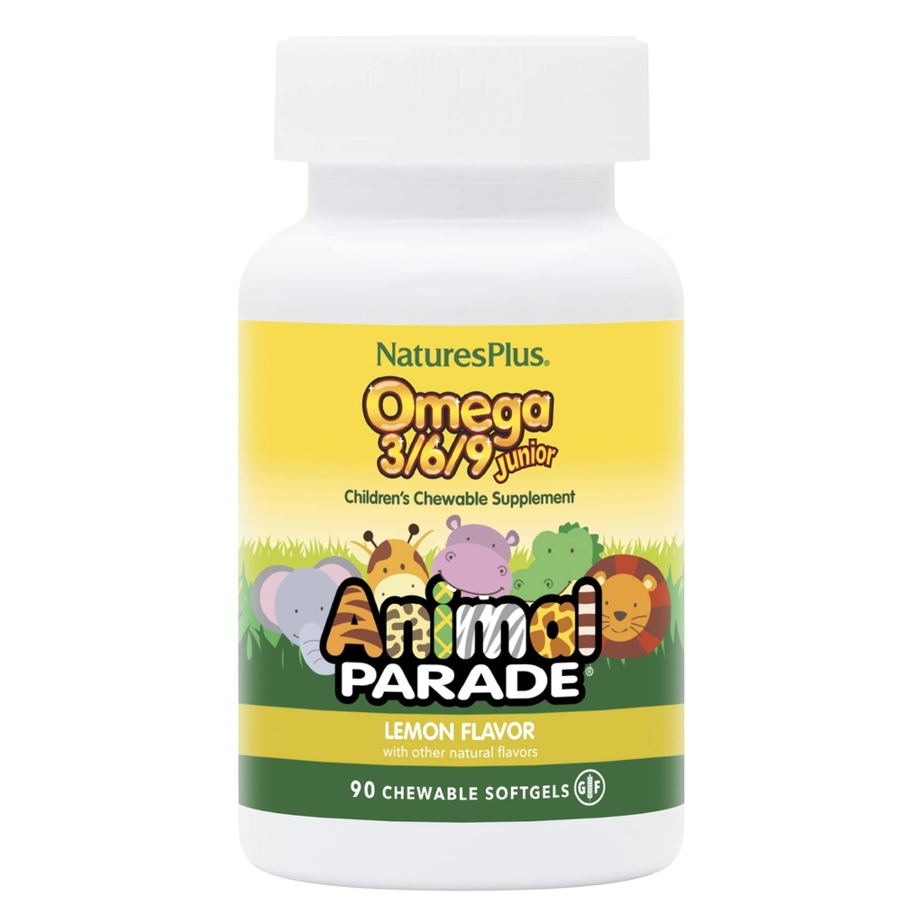 Natures Plus Parade animale Omega 3/6/9 Junior, Lemon Flavor - 90 Softgels - Promotion de la santé immunitaire, de la peau, des yeux et du système nerveux des enfants - Non-OGM, sans gluten - 45 portions