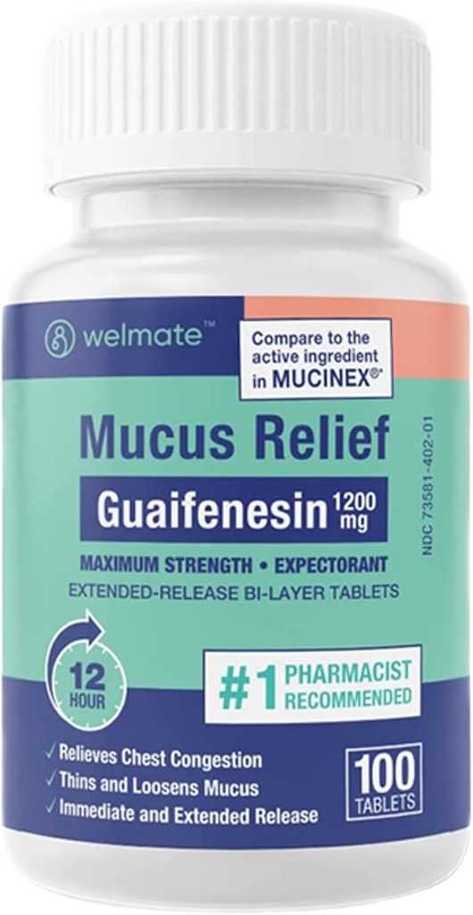 WELMATE - Soulagement du mucus - Guaïfènesin 1200 mg Résistance maximale - Soulagement prolongé - Comprimés expectorants - Aide à éliminer la congestion thoracique et le mucus losen - Soulagement de 12 heures - 100 Nombre