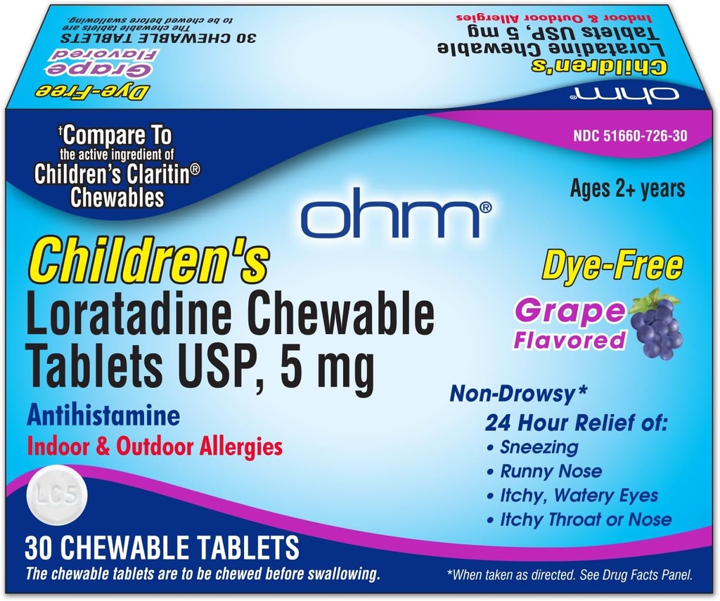 Ohm Loratadine Allergie pour enfants Comprimés à mâcher - Sans colorant, arômes de raisin, non somnolence 24 heures de soulagement, antihistaminique pour allergies intérieures et extérieures - 30 comprimés