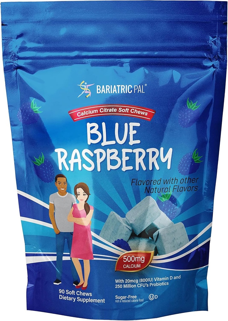BariatricPal Calcium Citrate sans sucre Soft Chews de 500mg avec vitamine D et probiotiques de la framboise bleue de 90 Nombre (1 mois d'approvisionnement)