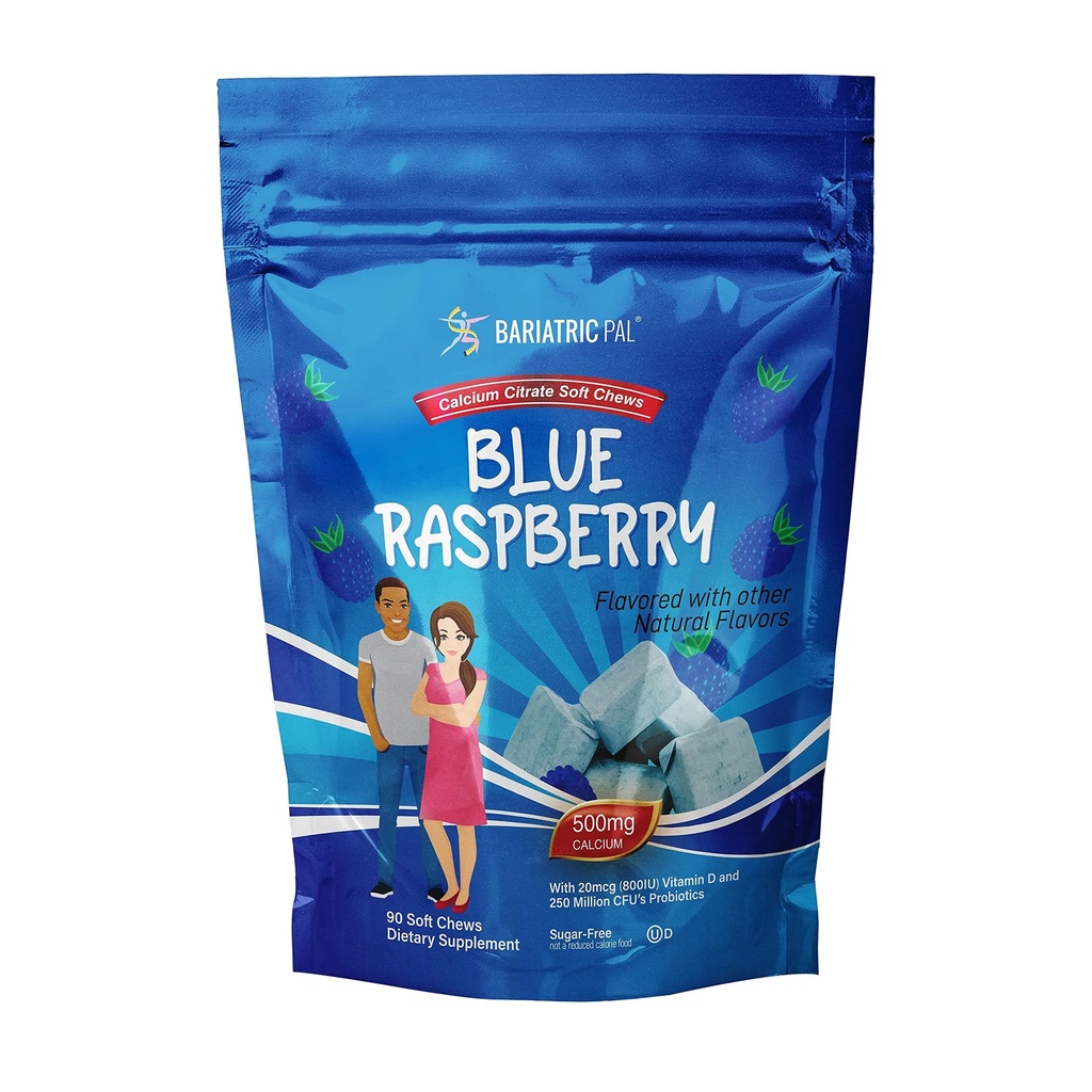 BariatricPal Calcium Citrate sans sucre Soft Chews de 500mg avec vitamine D et probiotiques de la framboise bleue de 90 Nombre (1 mois d'approvisionnement)