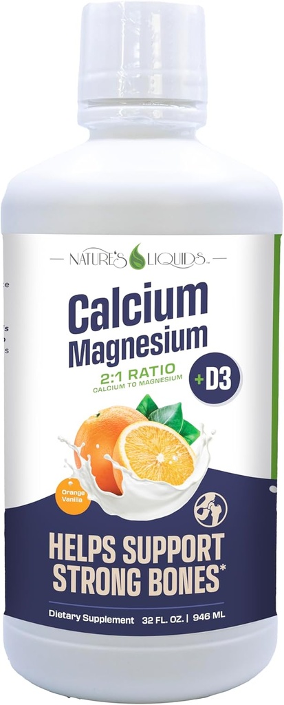 Liquides de la nature - Supplément de magnésium de calcium liquide (2:1 Ratio) - avec D3, Boron, Manganèse pour Absorption Optimale - pour les os forts et les dents - Vanille d'orange - (32 oz - 32 portions)