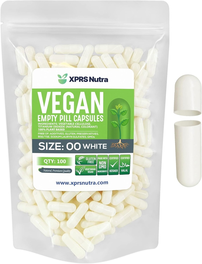 XPRS Nutra Taille 00 Capsules vides - 100 Compte Capsules vides de végétalien - Pilules vides végétariennes - Bricolage Gélule végétale Remplissage- Caps de pilules végétariennes (blanc)