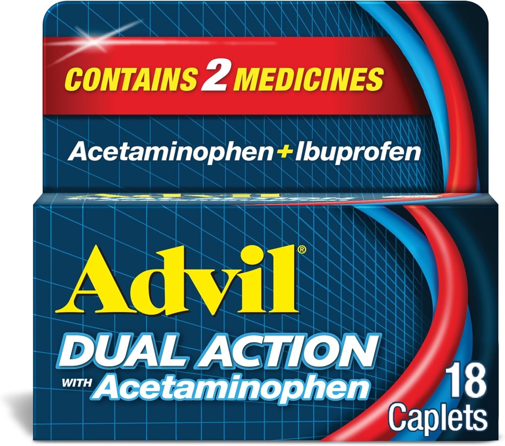 Caplets enduits à double action avec l'acétaminophène, 125 mg d'Ibuprofène et 250 mg d'acétaminophène par caplet pour 8 heures de soulagement de la douleur - 18 Compte