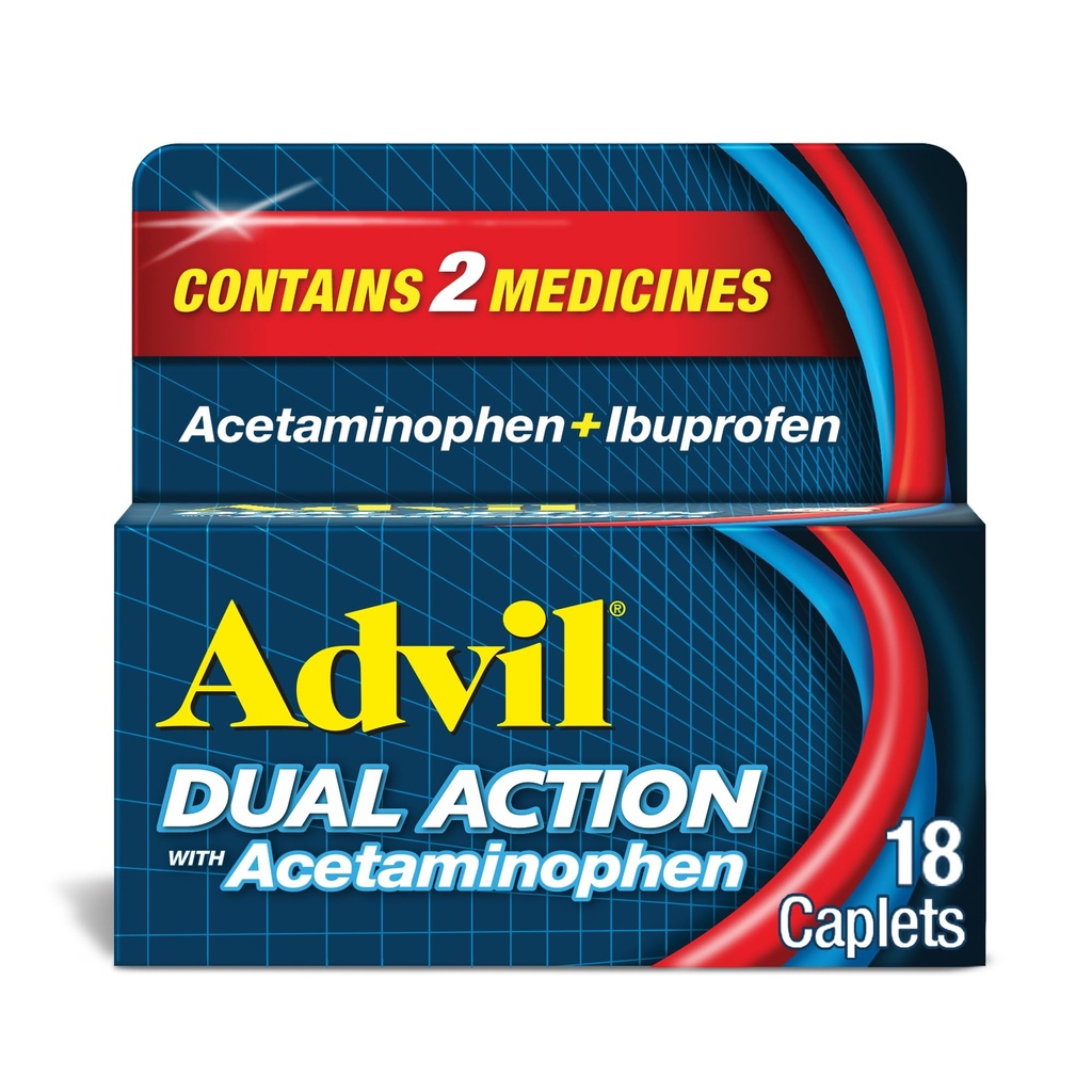 Caplets enduits à double action avec l'acétaminophène, 125 mg d'Ibuprofène et 250 mg d'acétaminophène par caplet pour 8 heures de soulagement de la douleur - 18 Compte