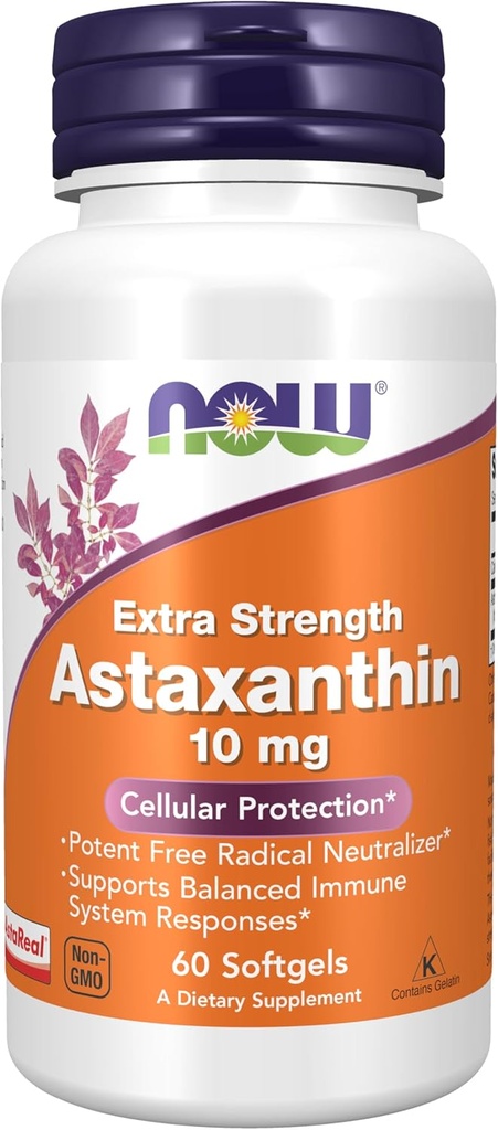 MAINTENANT compléments alimentaires, astaxanthine 10mg, extra-résistance, dérivé de non-OGM hématococcus Pluvialis Microalgues et a naturellement la Lutéine, Canthaxanthine et Beta-Carotène, 60 Softgels