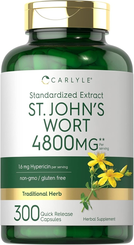 Carlyle St John's Wort Capsules (en anglais seulement) 4800mg (en anglais seulement) 300 Count (en anglais seulement) Supplément sans OGM et sans gluten (en anglais seulement) Extrait normalisé