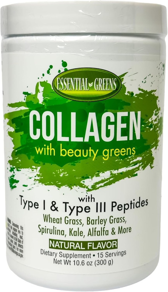 Verts essentiels, Collagène avec Verts de beauté biologique avec Peptides de Type I et de Type III. Saveurs naturelles. Supplément alimentaire. Blé Herbe, Orge, Spiraling, Kale, Alfalfa et plus. 10,6 oz