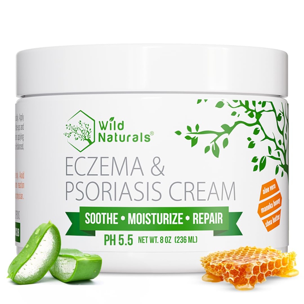 Crème d'eczéma et de psoriasis Wild Naturals pour peau sèche et démangeeuse – Eczema Relief pour adultes et enfants – Crème de psoriasis hydratante au miel de Manuka - Lotion de miel hydratant pour mains et visage
