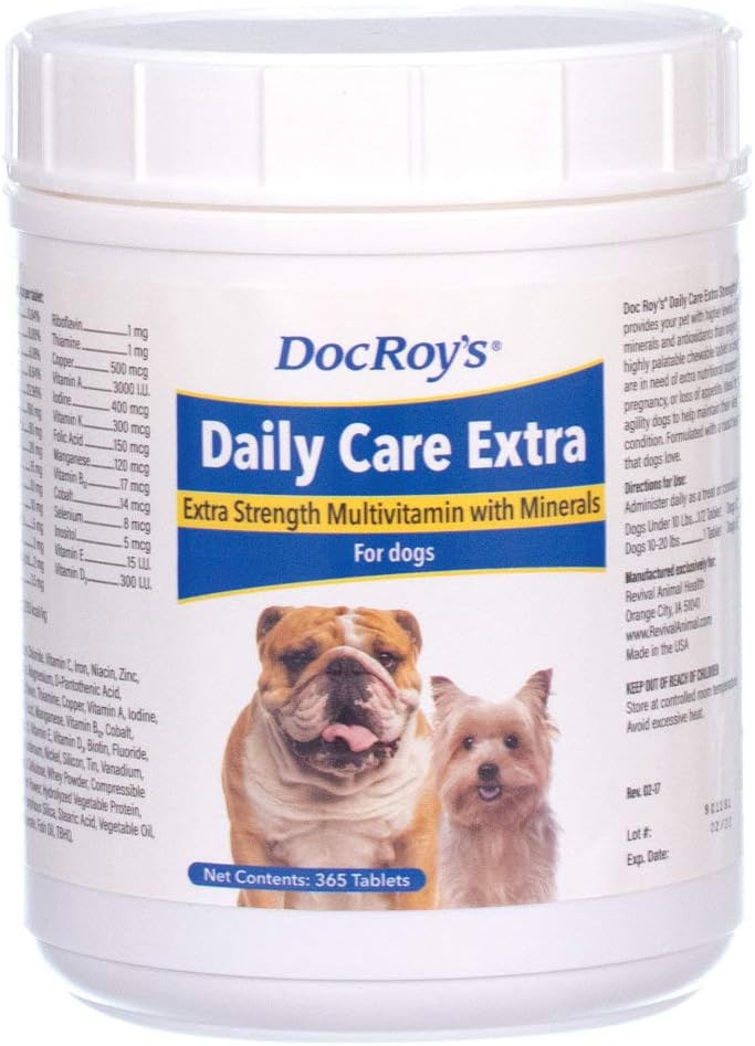Doc Roy's Daily Care Extra, Advanced Multivitamin for Dogs, Supports Energy, Immune, Muscle, Bone and Brain Health, Provides Vitamins A C D3 E B Complex, Iron Zinc Magnesium Iodine, Made in USA 365 ct