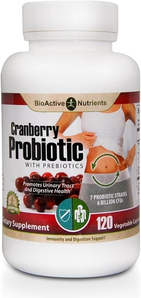 NUTRIENTS BIOACTIFS Probiotiques aux canneberges avec prébiotiques, 120 capsules - 7 souches, 6 milliards d'UFC