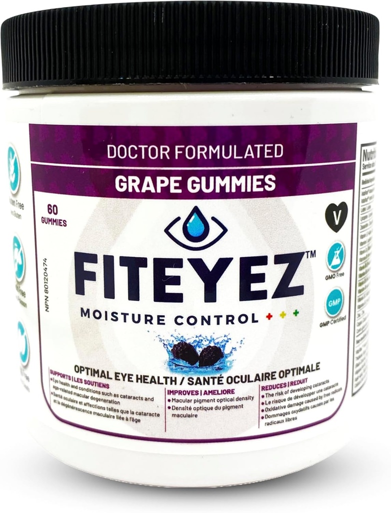 Vitamines oculaires Gommies - Suppléments d'astaxanthine, de lutéine et de zéaxanthine - 11 nutriments oculaires essentiels - Supplément sans OGM et sans gluten - Comprend la vitamine E, B1, B6, B9 et B12-60 Gommies