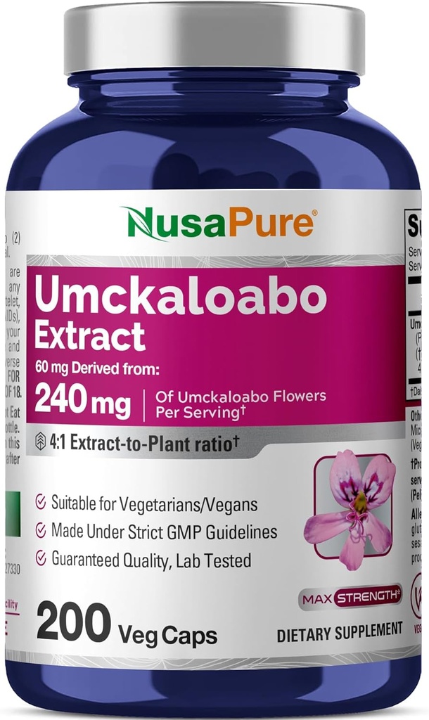 NusaPure Umckaloabo 4:1 Extrait, 60 mg équivalent à 240 mg Caps végétatifs 200 Nombre (non OGM, végétalien)