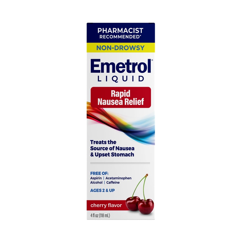 Emetrol Non-Drowsy Nausea Relief - Médicaments liquides pour soulager l'estomac - Pharmaciens Médicaments pour nausées recommandés - Cherry Flavor - 4fl oz