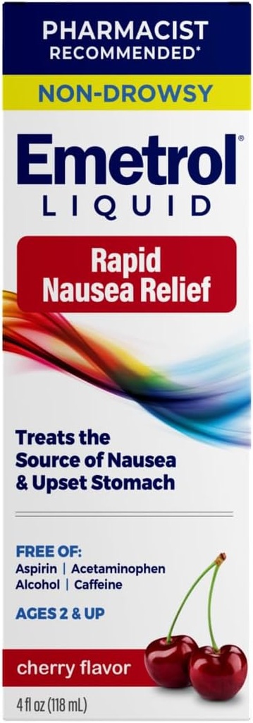Emetrol Non-Drowsy Nausea Relief - Médicaments liquides pour soulager l'estomac - Pharmaciens Médicaments pour nausées recommandés - Cherry Flavor - 4fl oz