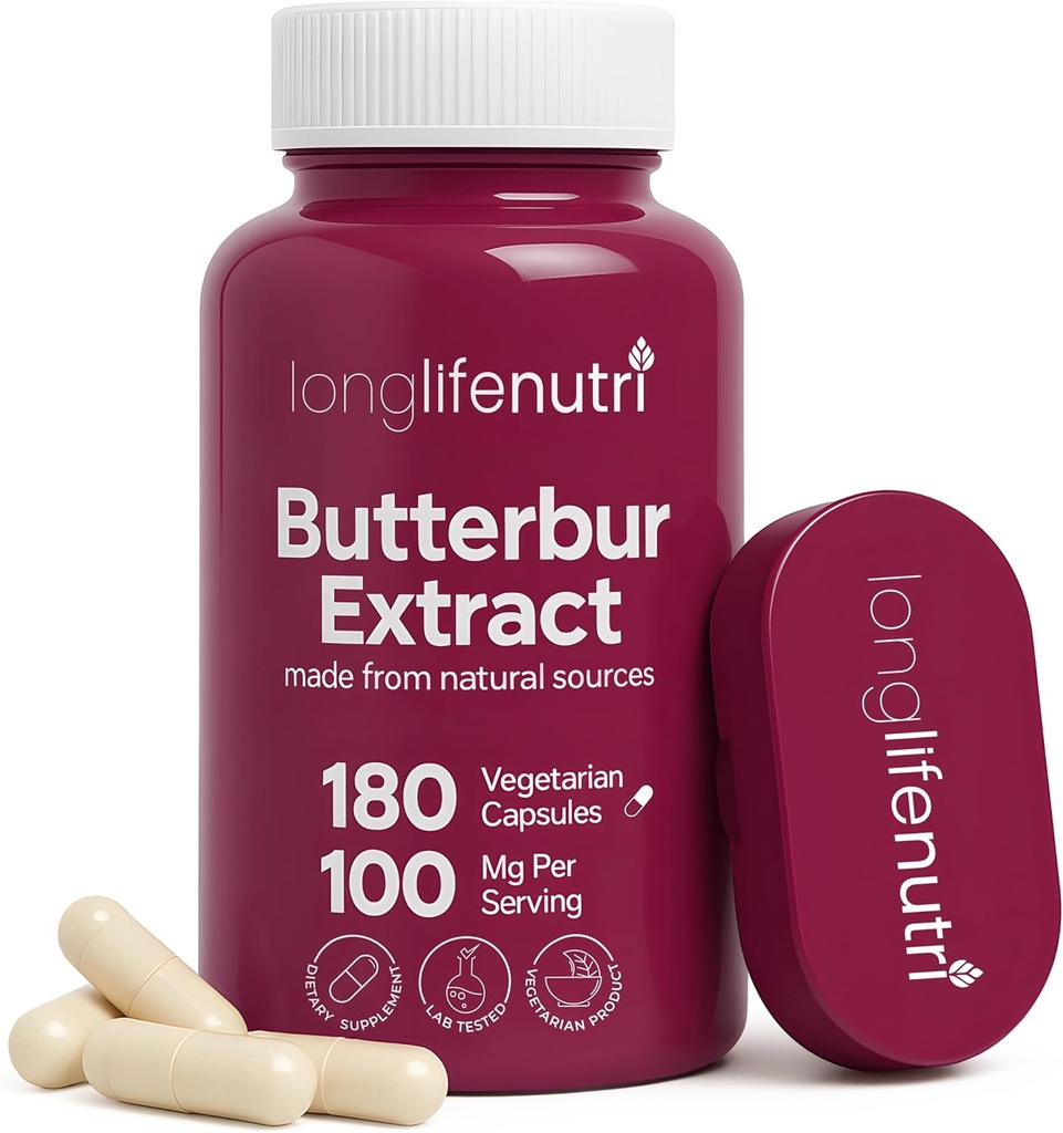 LongLifeNutri Butterbur Extract 100mg - Extrait de racine de Petasites Hybridus, 180 capsules végétariennes, 6 mois d'approvisionnement, complément biologique pour le confort de la tête et le calme neuronal, certifié GMP, fabriqué aux États-Unis