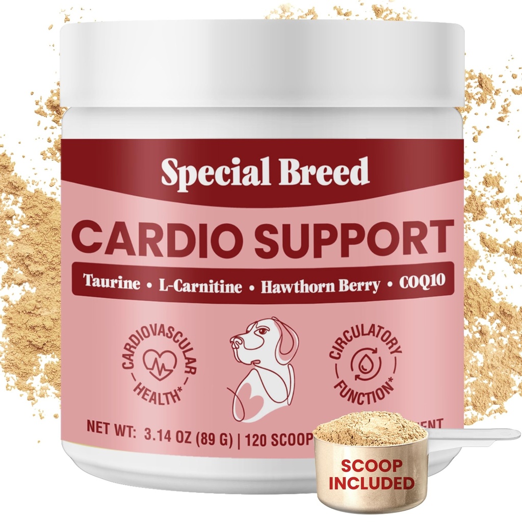 Soutien spécial pour les chiens de race Cardio - Soutien de santé cardiaque avec Taurine, CoQ10, Berry Hawthorne biologique, Supplément en poudre, 120 Scoops, 3,14 oz