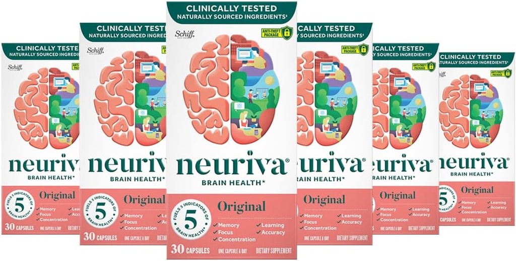 NEURIVA Supplément Cerveau d'origine pour la mémoire, la concentration et la concentration + Apprentissage et exactitude avec Nootropics testés cliniquement Phosphatidylsérine et neurofacteur, sans caféine, 30 capsules (6 pack)