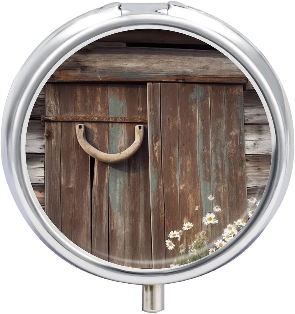 Round Metal Pill Box,Rustic Horseshoe Barn Wooden Printed Travel Pill Organizer Portable Pill Container Small Pill Box for Purse and Pocket for Storing Vitamins, Medicines and Supplements