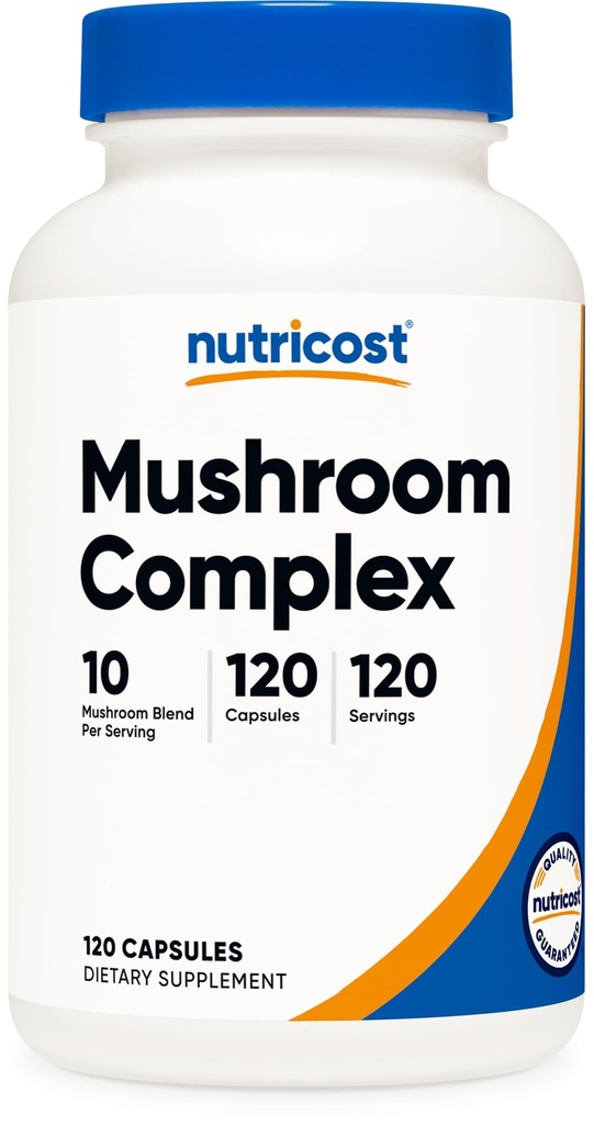 Supplément complexe de champignons Nutricost, 120 capsules pour 120 portions par bouteille - 10 mélanges de champignons (comprend Reishi, Maitake, Shiitake, Lion's Mane, et plus) - Non-OGM et sans gluten