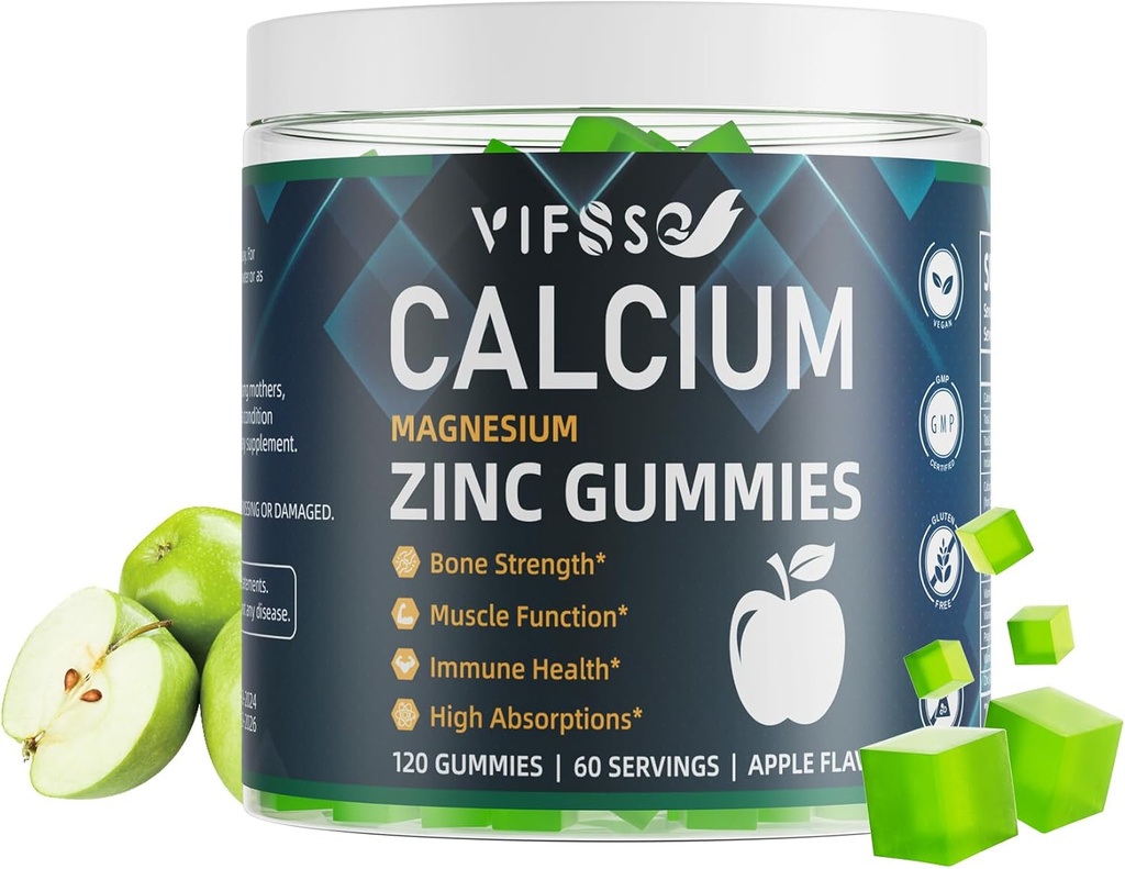 Calcium Magnésium Zinc Gummies 600mg avec vitamine D3 K2, 120 Gummies à base de plantes sans sucre Calcium Gummies Complexe haute absorption Supplément de calcium 70+ Trace Minerals pour la force osseuse, végétalien