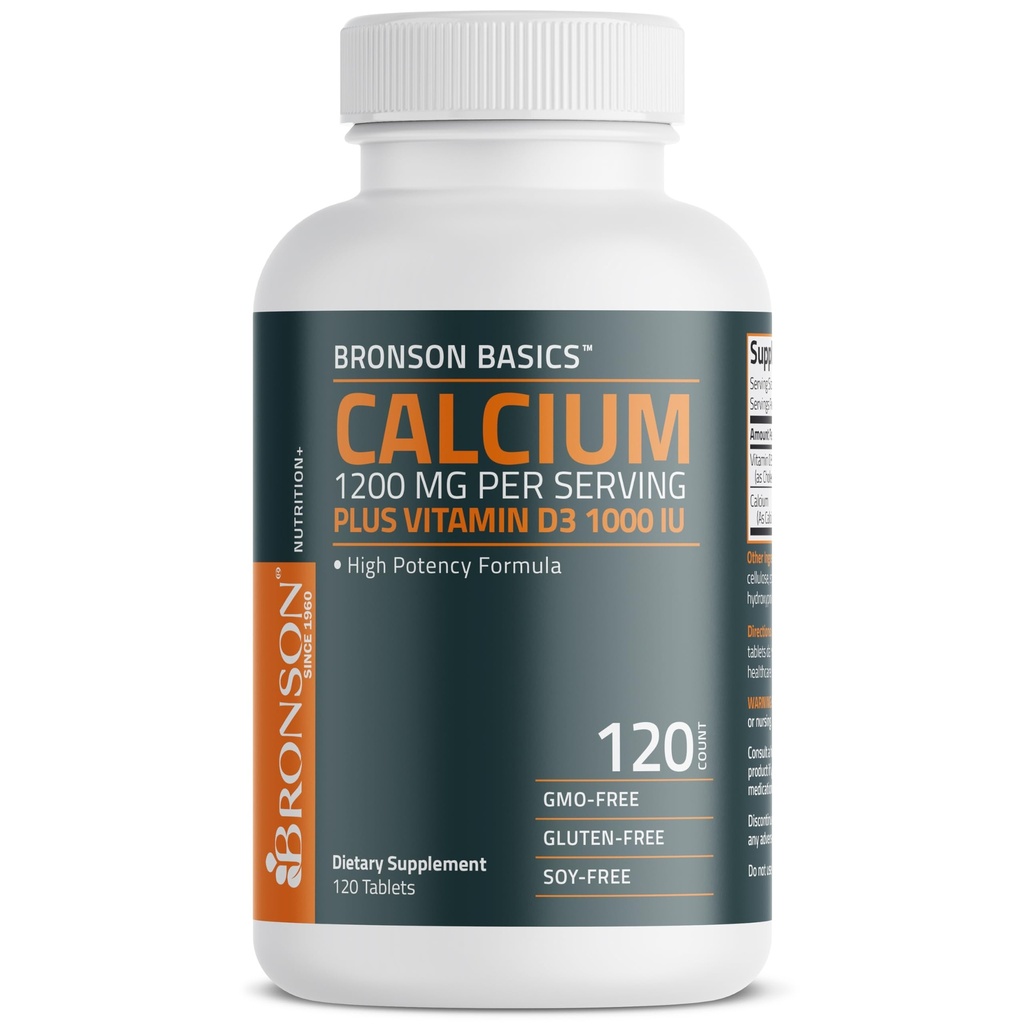 Bronson Calcium 1200mg par portion plus vitamine D3 1000 UI haute puissance formule, non-OGM, 120 comprimés