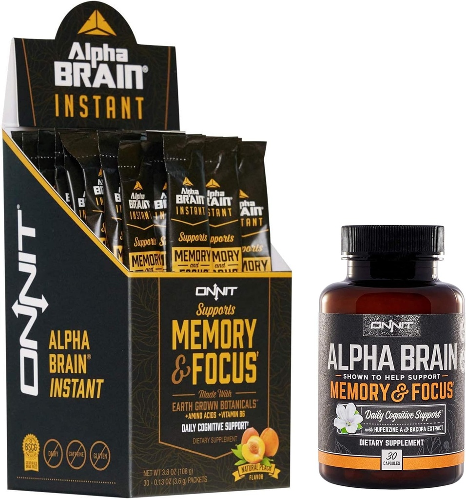 ONNIT Stack Nootropic - Capsules Alpha Cerveau (30ct) + Alpha Cerveau Instantané - Pêche naturelle (30ct)