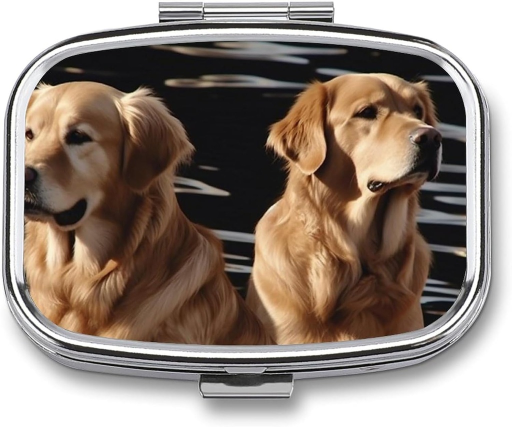 Pill Box 2 Compartiment Square Pill Organizer Daily Small Pill Case for Travel Golden Retrievers Metal Pill Container Portable Medicine Organizer for Pill Vitamines Fish Oil Supplement