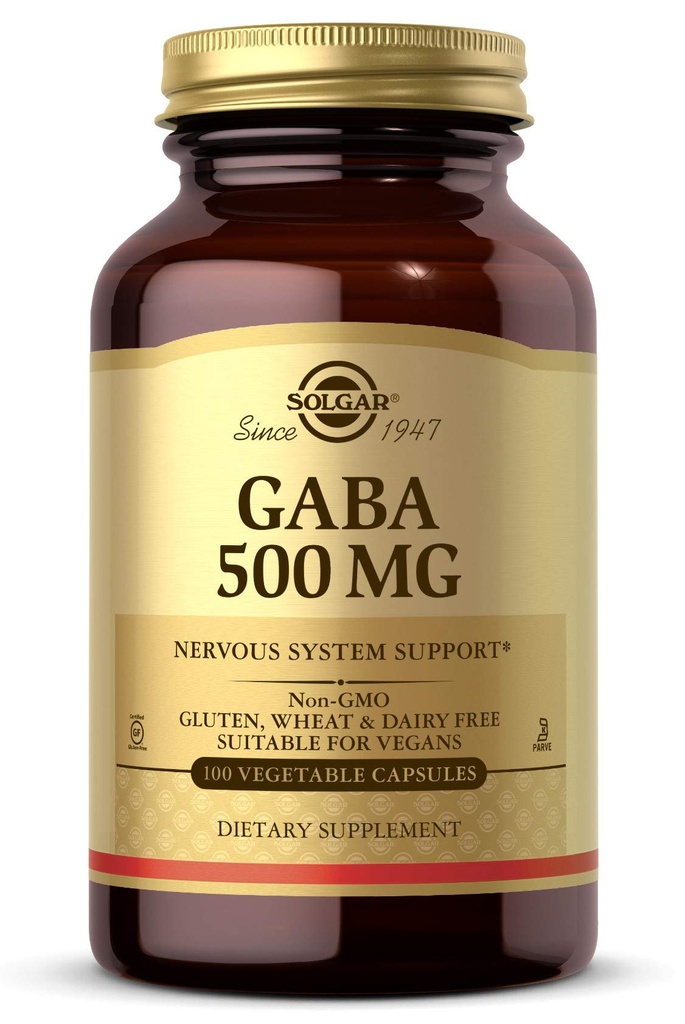 Solgar GABA 500 mg, 100 capsules végétales - Relaxation et soutien du système nerveux - Acid Amino - Non-OGM, végétalien, sans gluten, sans laiterie, casher - 100 portions