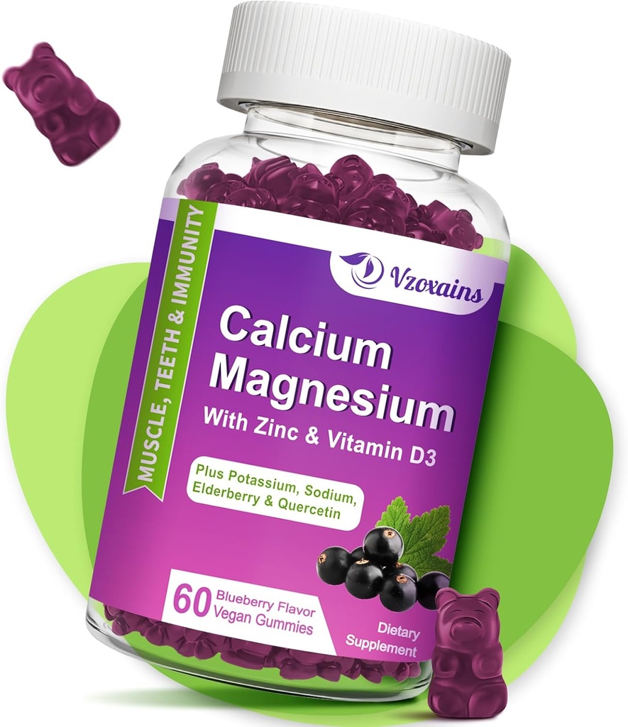 High Absorption Calcium Gummies, Calcium Magnesium Zinc with Magnesium Glycinate, Potassium, Vitamin D3 for Women & Men- Blueberry Flavored 60 Cts