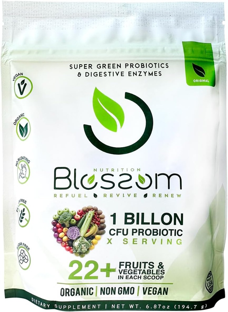 Blossom SuperGreens Probiotiques – Enzymes digestifs avec pré/probiotiques pour le soulagement des ballonnements – 30+ SuperGreens & SuperReds pour stimuler l'énergie – Organique, sans gluten, sans fibre, 0g de sucre (Lemon Citrus)