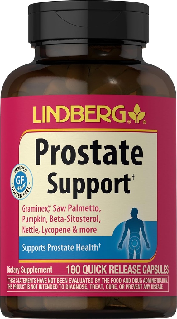 Supplément Prostate de Lindberg pour les hommes de 180 capsules avec Saw Palmetto, Lycopène, Beta Sitostérol, Extrait de graines de citrouille