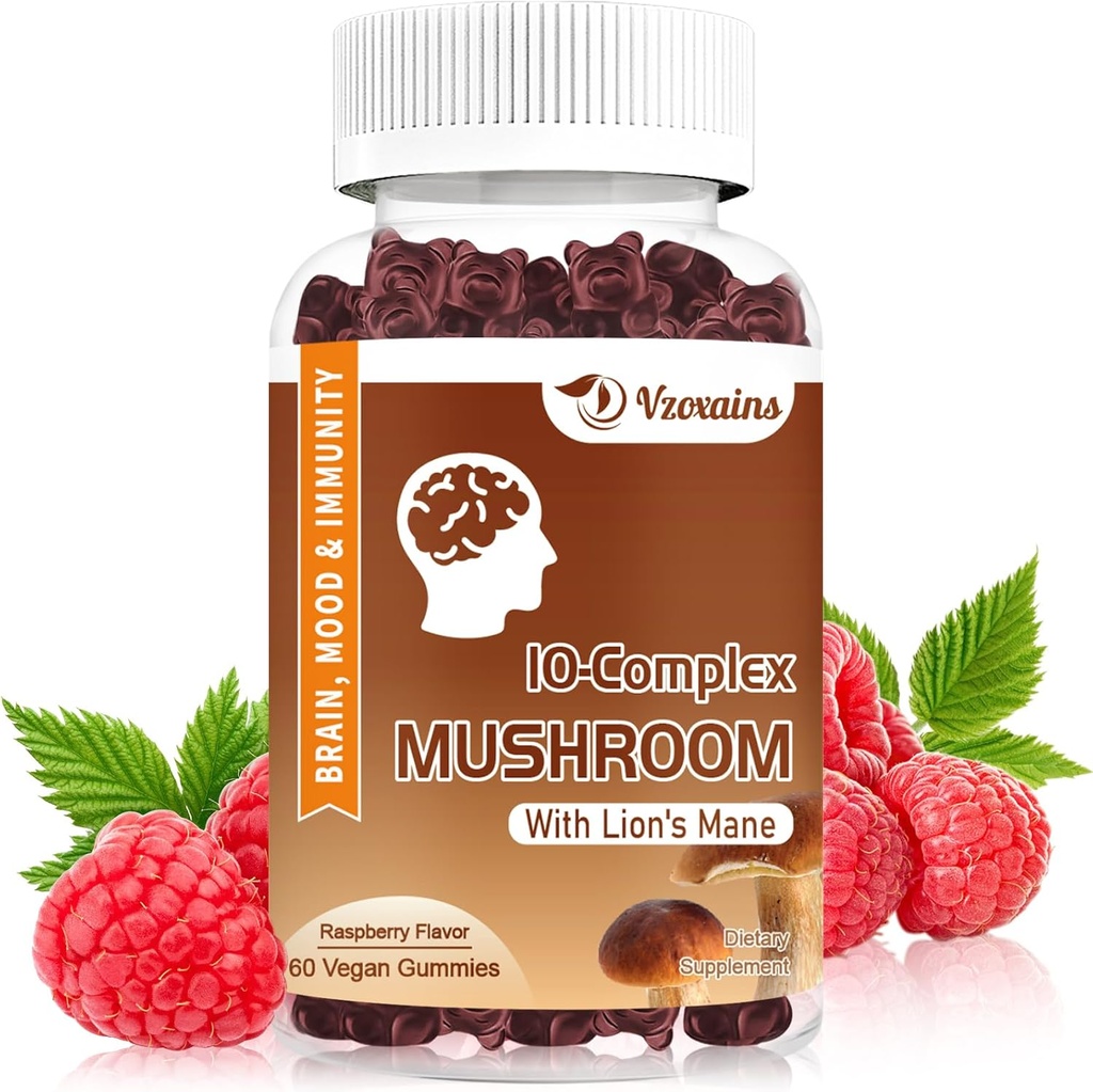 Gummies de champignons sans sucre, Gummies de champignons avec la Mane de Lion - Focus Energy Immune Support-Flaveur de framboises 60ct