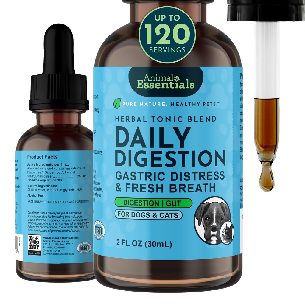 Essentiels animaux Digestion quotidienne pour chiens et chats - Soutien digestif, respiration fraîche, racine de gingembre, extrait de graines de fenouil, supplément liquide - 2 Fl Oz