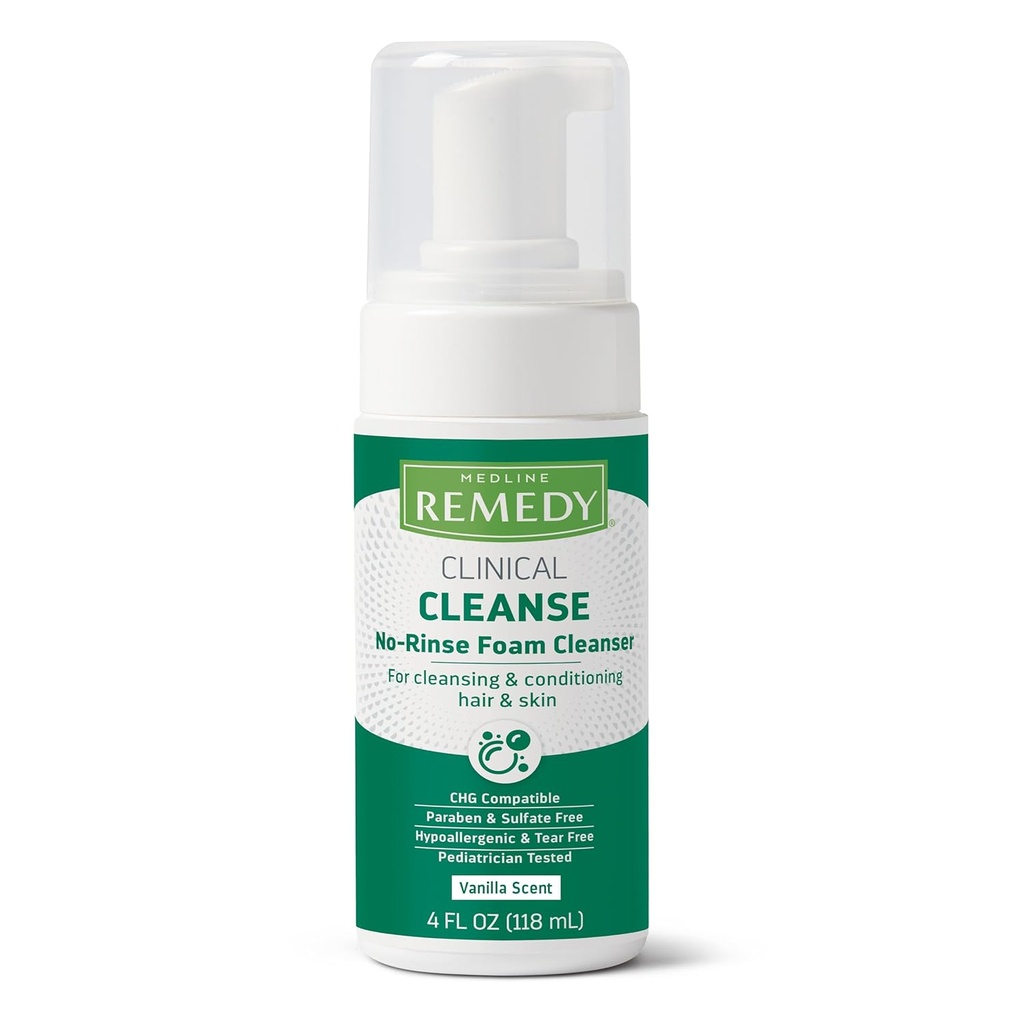 Medline Remedy Clinical No-Rinse Moam Cleanser, Vanilla Scent (4 fl oz) - Shampooing hydratant et lavage du corps pour la peau sensible, sans parabène et sans sulfate, pour le visage, les cheveux et tous les âges