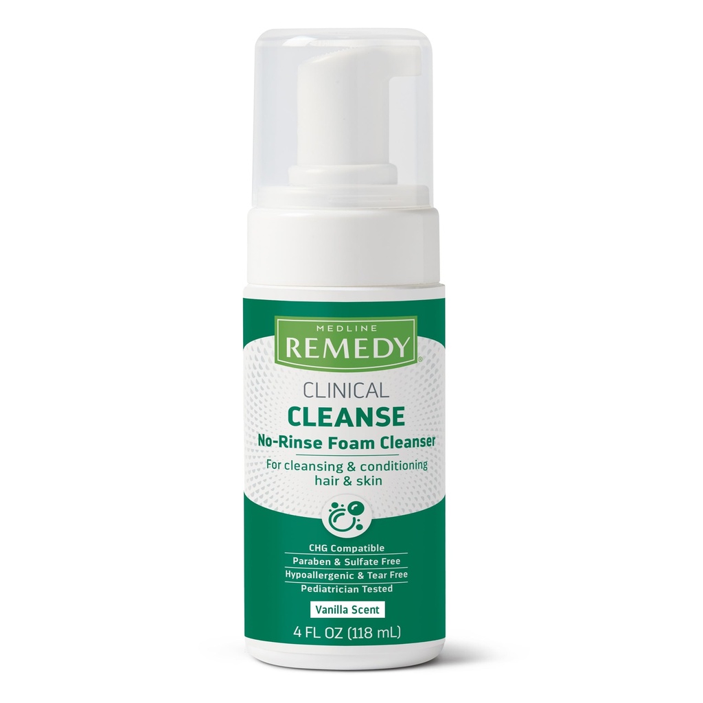 Medline Remedy Clinical No-Rinse Moam Cleanser, Vanilla Scent (4 fl oz) - Shampooing hydratant et lavage du corps pour la peau sensible, sans parabène et sans sulfate, pour le visage, les cheveux et tous les âges