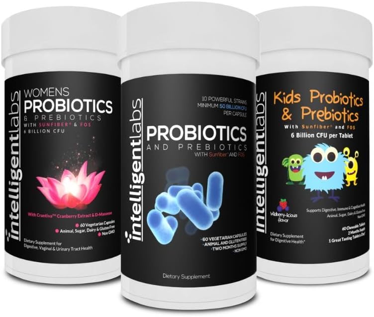 Laboratoires intelligents 3-en-1 Probiotiques avec groupe de prébiotiques pour toute la famille: enfants + adultes 50 milliards CFU + femmes, sans réfrigération nécessaire, 2 mois d'approvisionnement par bouteille