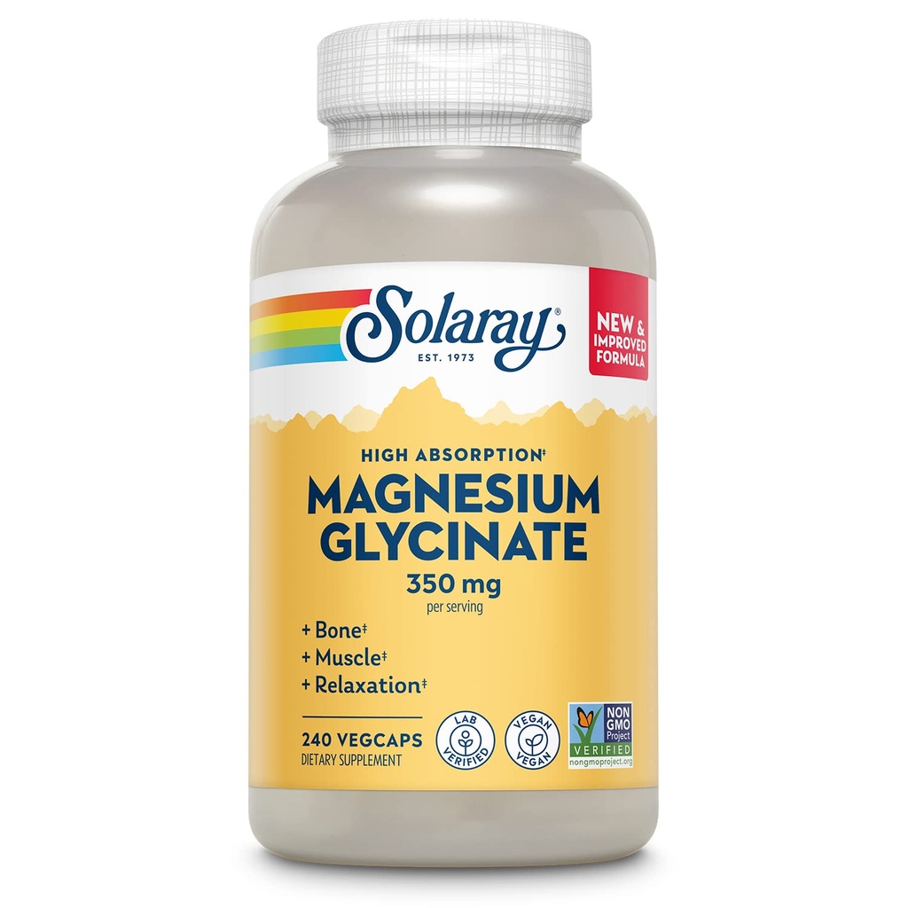 Solaray Magnésium Glycinate, Nouveau et amélioré Bisglycinate entièrement chélaté avec BioPerine, Formule d'absorption élevée, Stress, Bones, Muscle & Relaxation, Garantie 60 jours, 60 portions, 240 VegCaps