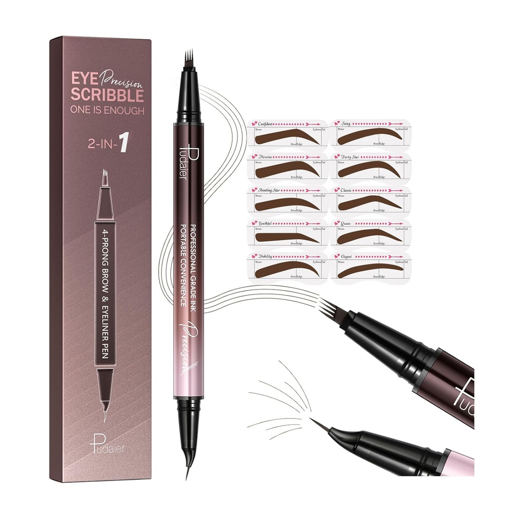 2-en-1 Stylo à sourcils courbés et Eyeliner avec stencils à sourcils 10Pcs, crayon à sourcils microblading avec point de 4 fourchettes et conseil précis courbé, crayons à sourcils imperméables et longs pour femmes, brun foncé