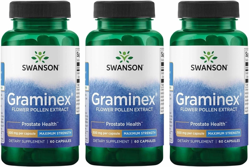Swanson Maximum Strength Graminex Flower Pollen Extract - Soutient la santé de la prostate, la fonction urinaire et les reins - Supplément santé des hommes - (60 Capsules, 500 mg chacun) (3 Pack)