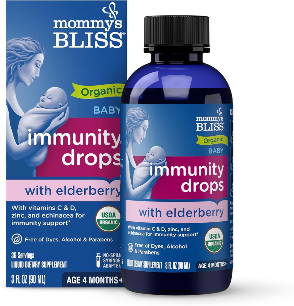 Mommy's Bliss Bio Baby Elderberry Drops, Immune Support avec Vitamines, Prébiotiques, Zinc et Echinacea bio, 4 mois d'âge +, 3 Fl Oz (36 portions)