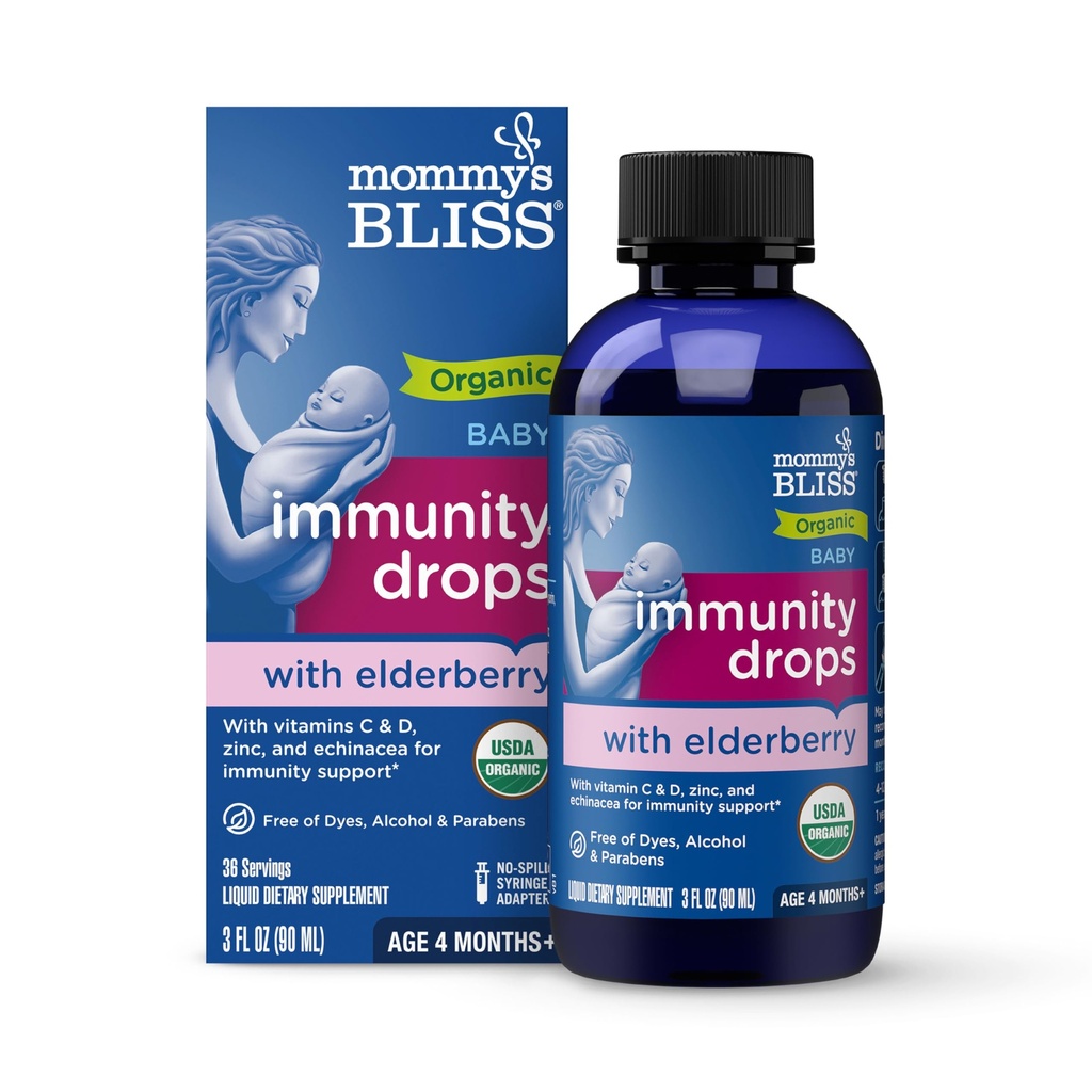 Mommy's Bliss Bio Baby Elderberry Drops, Immune Support avec Vitamines, Prébiotiques, Zinc et Echinacea bio, 4 mois d'âge +, 3 Fl Oz (36 portions)