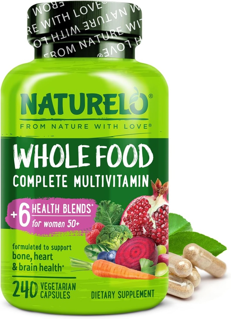 NATURELO Multivitamine d'aliments entiers pour femmes 50+ (sans fer) avec des vitamines, des minéraux et des extraits organiques - Supplément pour les femmes ménopausées de plus de 50 ans - Pas d'OGM - 240 capsules véganes