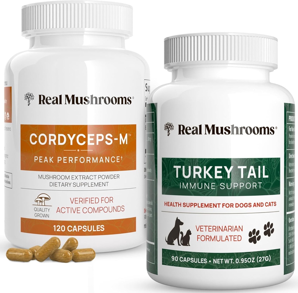 Real Mushrooms Cordyceps for Humans (120ct) & Turkey Tail for Pets (90ct) - Bundle for Energy, Vitality, and Immunity - Vegan, Non-GMO, Grain-Free, Gluten-Free Mushroom Extract Capsules