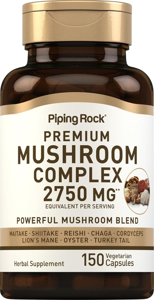 Piping Rock Mushroom Complex Capsules | 2750 mg | 150 Pills | 8 Mushroom Extract Blend | Herbal Supplement | Non-GMO, Gluten-Free, Vegetarian