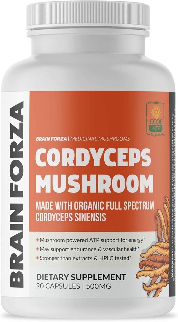 Cerveau Forza Capsules de Cordyceps Organiques - Cordyceps Sinensis Champignons à faible teneur en oxygène cultivés aux États-Unis, non OGM, végétalien, biologique, 90 capsules