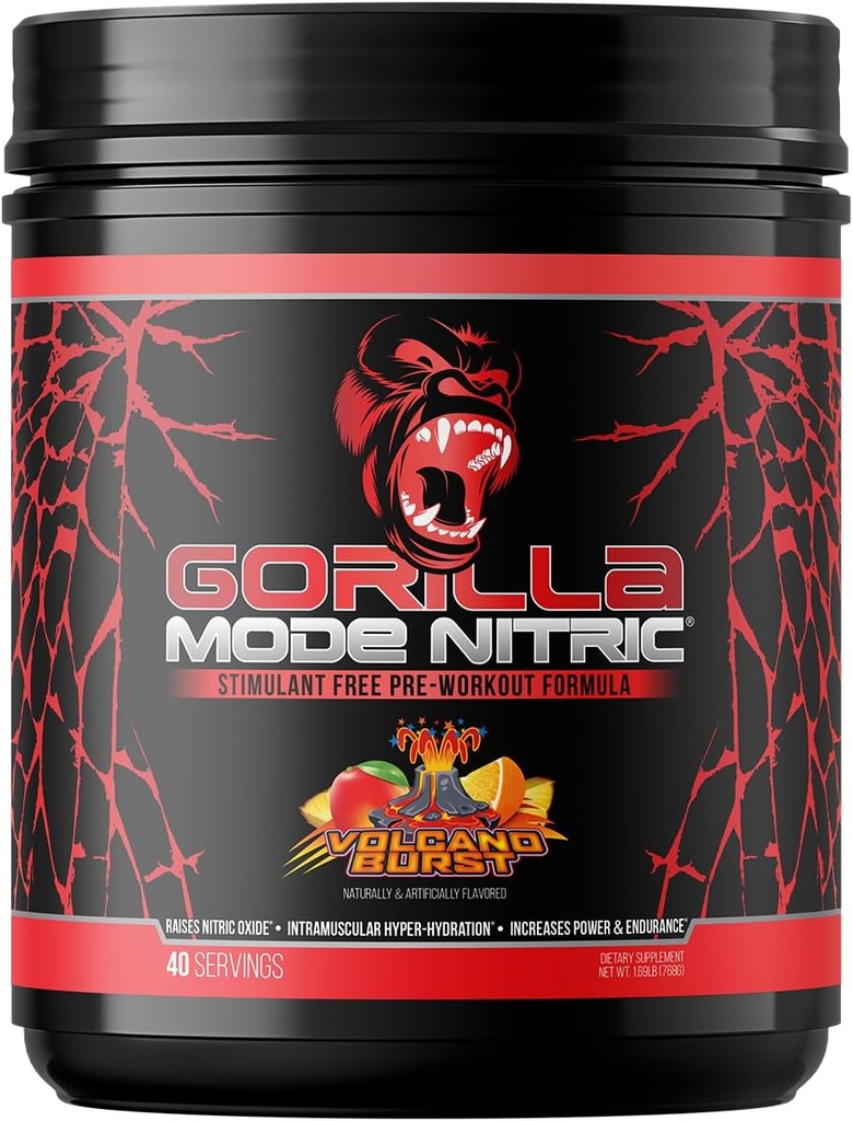 Gorilla Mind - Gorilla Mode Nitrique amélioré Stimulant Sans Pré-entraînement – Meilleur Dégustation et plus efficace Stimulant Sans Pompes Pré-entraînement/Massives · Vasodilatation · Puissance / 768 Grams (Volcano Burst)