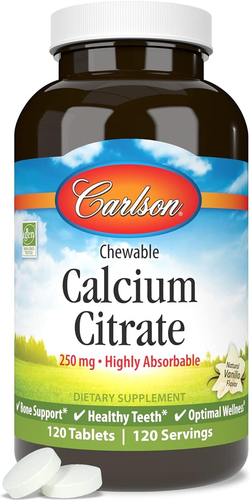 Carlson - Citrate de calcium à croquer, 250 mg, hautement absorbant, soutien osseux, dents saines et bien-être optimal, vanille naturelle, 120 comprimés