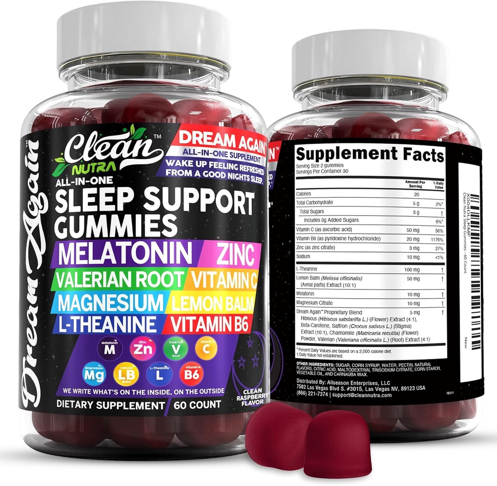 Nettoyant Nutra Melatonin Gummées 10mg de Sleep Aid La racine valériane L-Theanine Vitamine B6 C Lemon Baume Magnésium Hibiscus Beta Carotène Safran & Camomille Soutien Supplément Flavor framboise